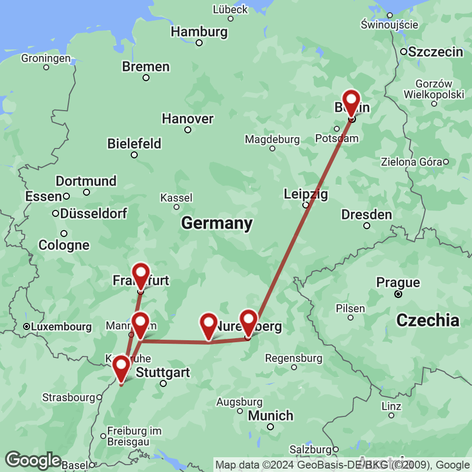 Route for Berlin, Nuremberg, Rothenburg, Heidelberg, Baden-Baden, Frankfurt tour